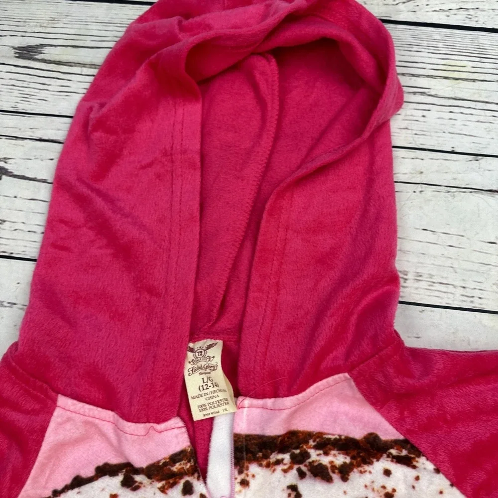 Faded Glory Womens Pink Doughnut Hooded 1 Piece Fleece Pajamas Union Suit Large